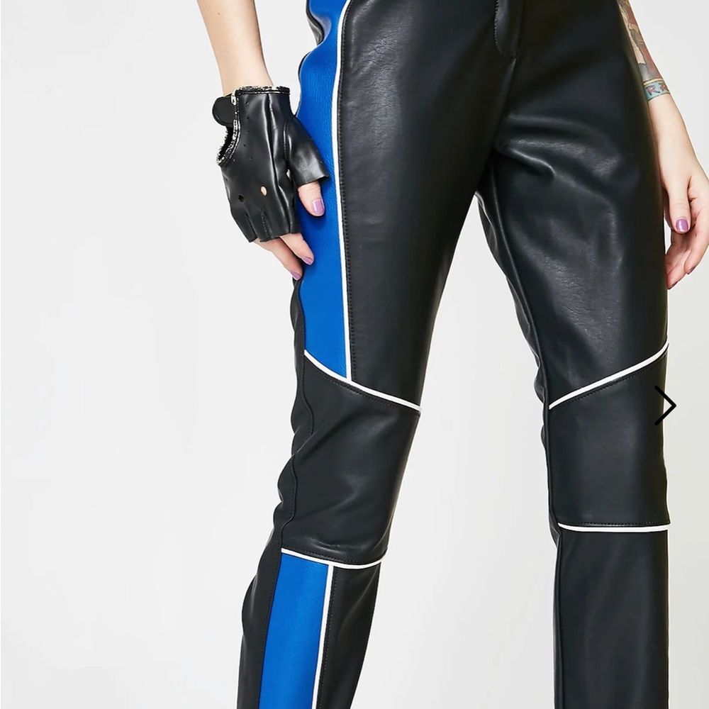 Missguided Black Blue Faux Leather Pants Color Block Goth Moto Edgy Leggings - Picture 3 of 14